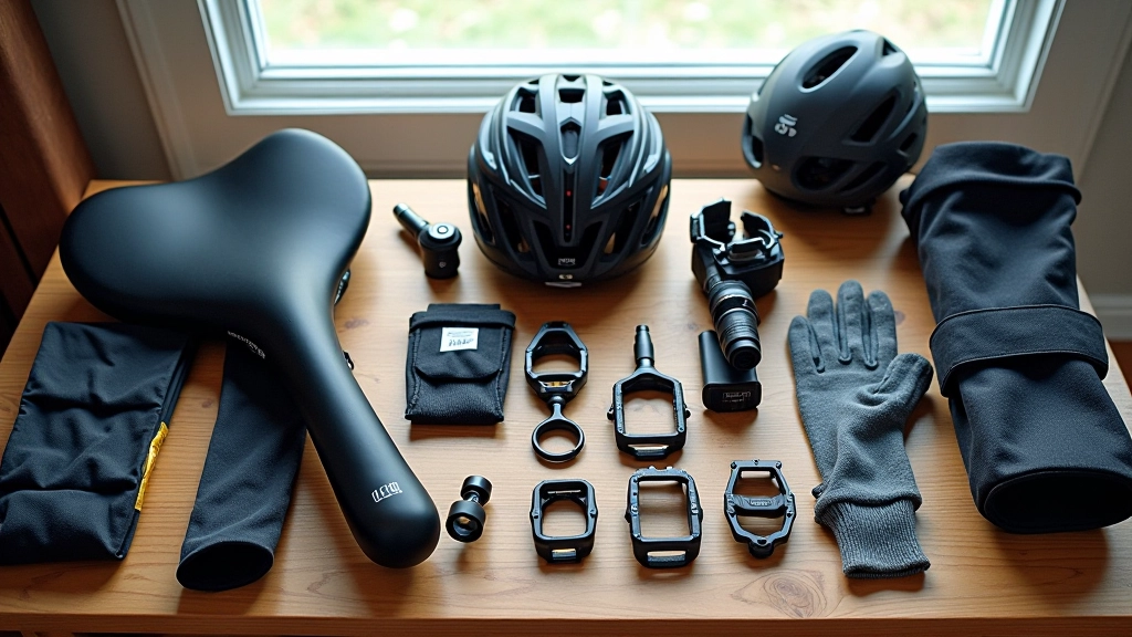 Šiuolaikinis dviračio komforto aprūpinimas — sėdynė, pedalai, šalmas ant stalo
